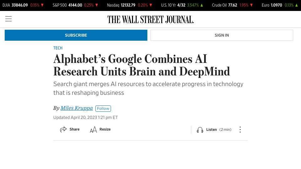 Screenshot of wsj.com: Alphabet’s Google Combines AI Research Units Brain and DeepMind