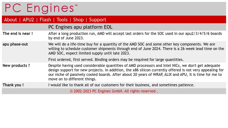 Screenshot of pcengines.ch: PC Engines EOL