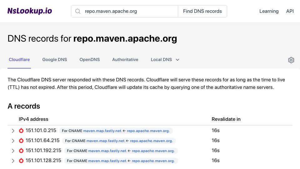 Screenshot of nslookup.io: No DNS address record found for repo.maven.apache.org