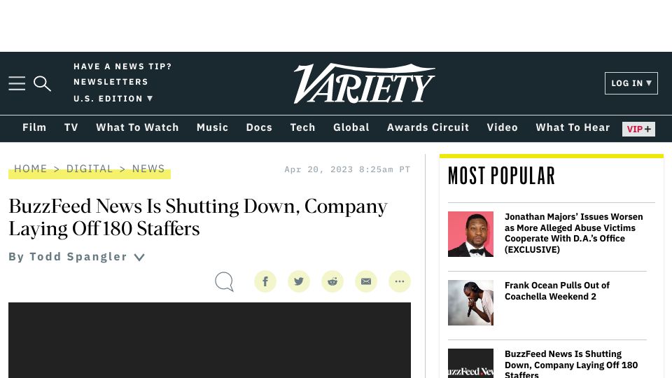 Screenshot of variety.com: BuzzFeed News Is Shutting Down, Company Laying Off 180 Staffers