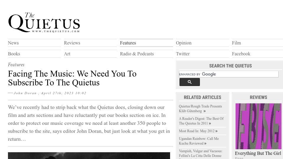 Screenshot of thequietus.com: Facing the Music: We Need You to Subscribe to the Quietus