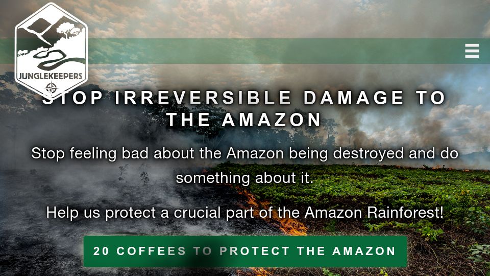 Screenshot of junglekeepers.org: Stop irreversible damage to the Amazon
