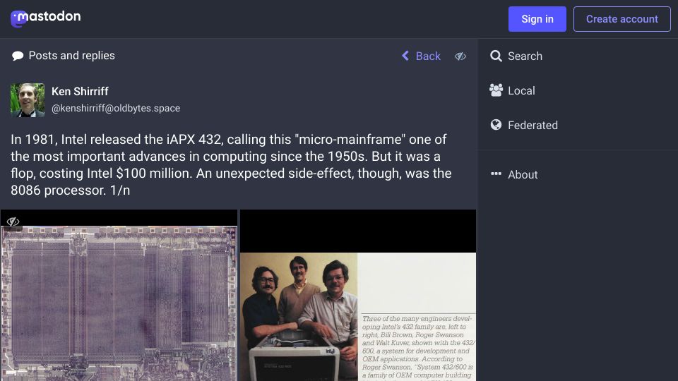 Screenshot of oldbytes.space: In 1981, Intel released the iAPX 432