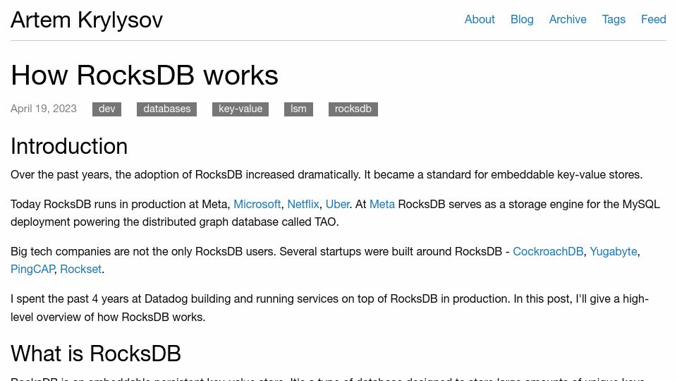Screenshot of artem.krylysov.com: How RocksDB Works