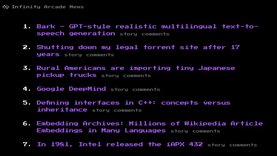 Screenshot of infinityarcade.com: Show HN: Play the front page of Hacker News as interactive text games