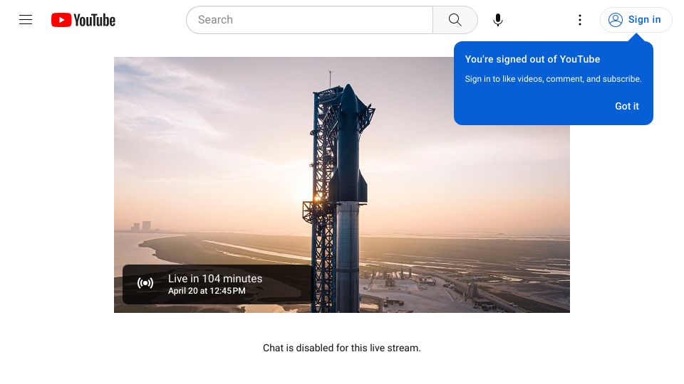 Screenshot of youtube.com: Starship Flight Test (Launch in 1 hour)