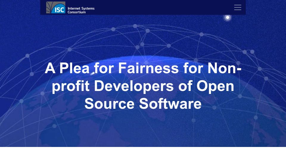 Screenshot of isc.org: A Plea for Fairness for Non-Profit Developers of Open Source Software