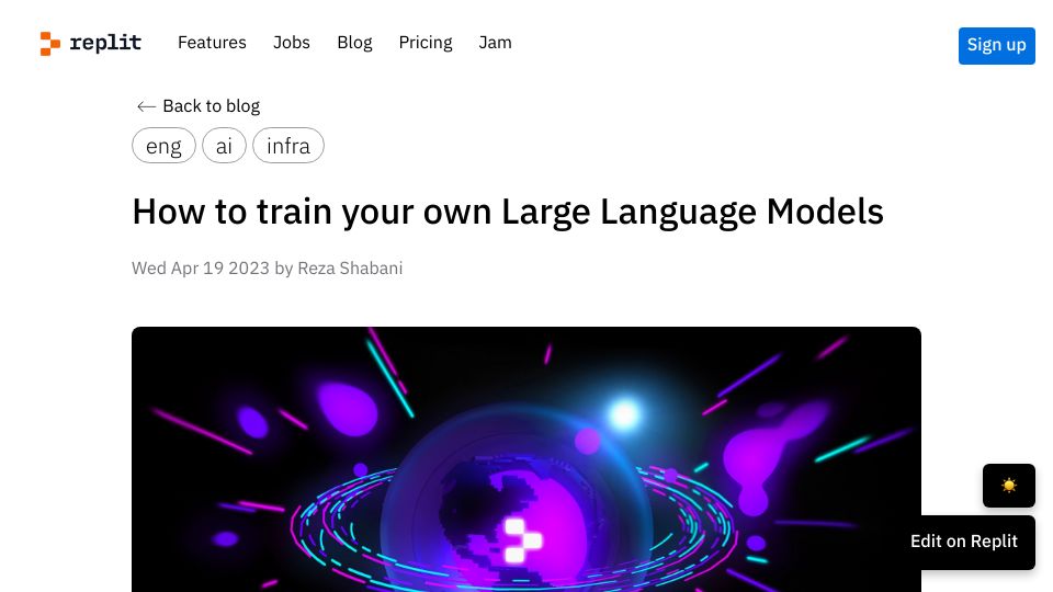Screenshot of blog.replit.com: How to train your own large language models