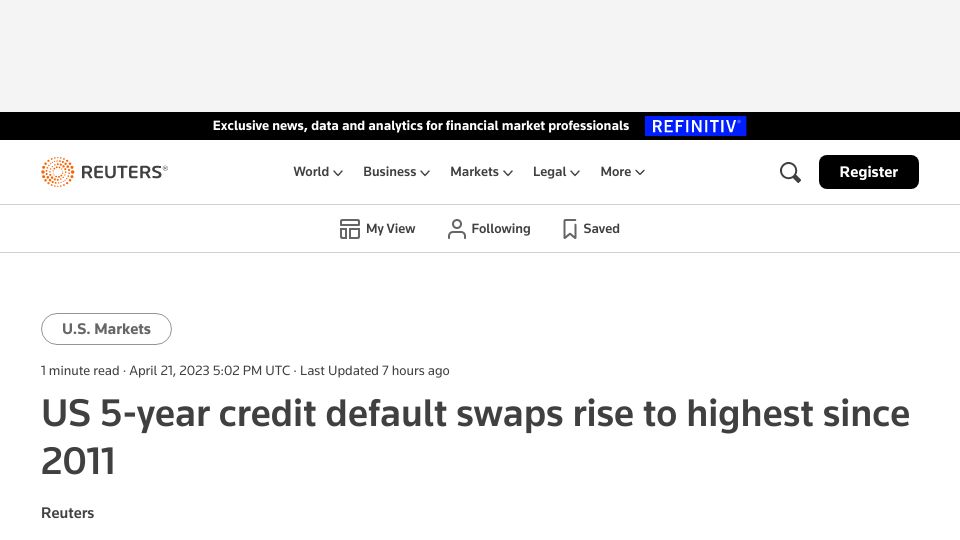 Screenshot of reuters.com: US 5-year credit default swaps rise to highest since 2011
