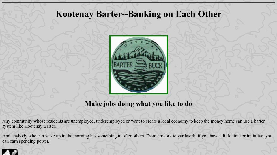 Screenshot of lionhrt.tripod.com: Kootenay Barter – Banking on Each Other