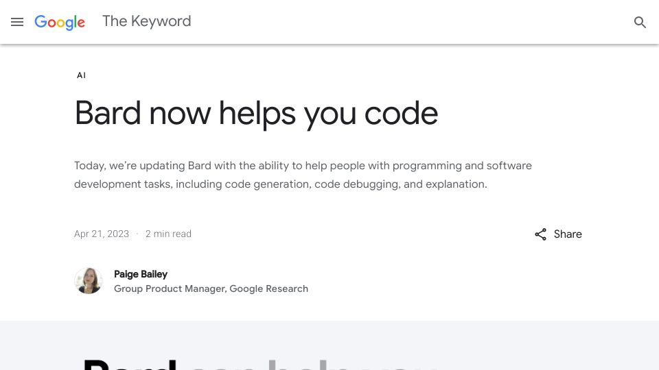 Screenshot of blog.google: Bard coding update with Colab exporting