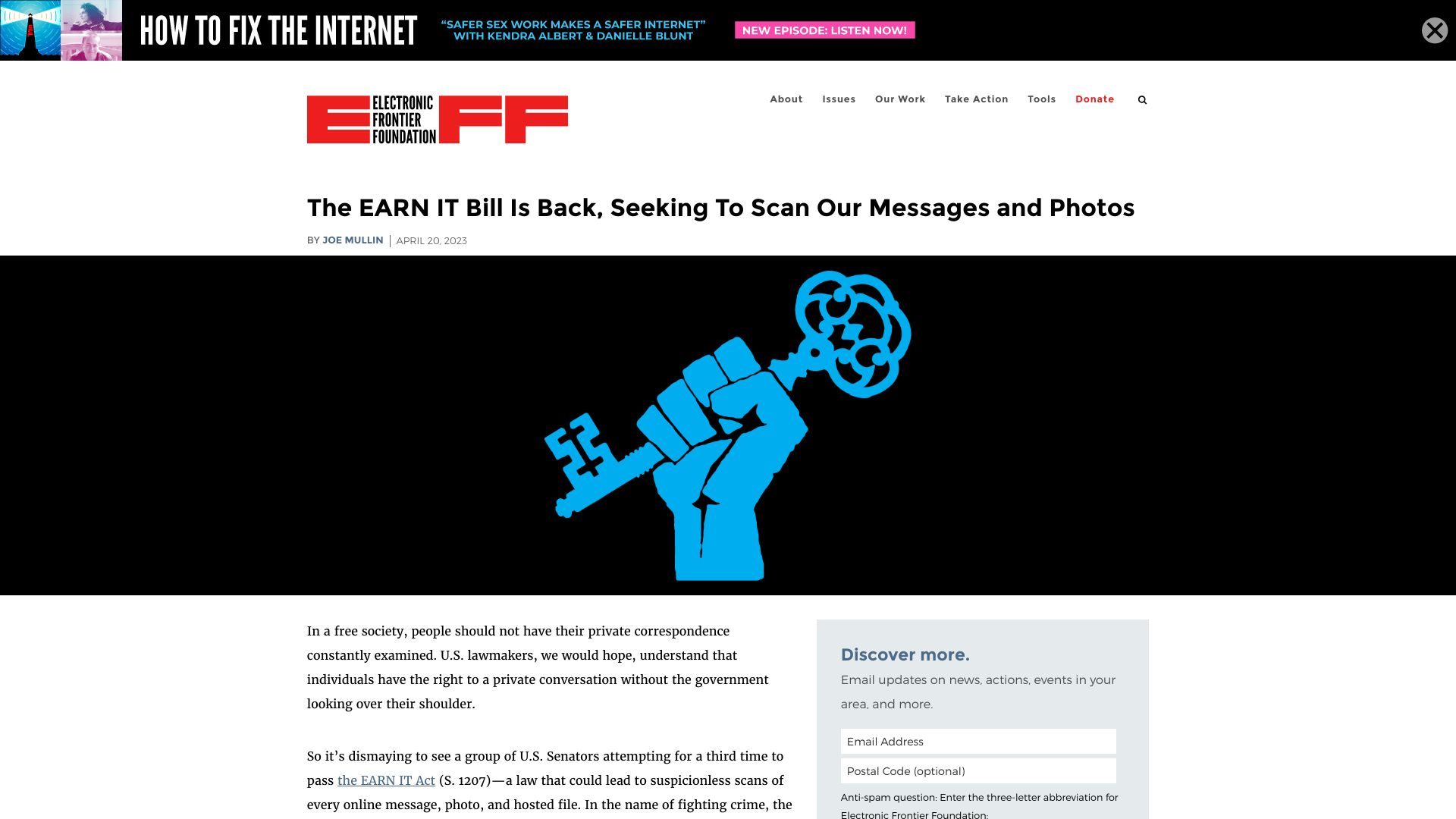 Screenshot of eff.org: The EARN IT bill is back, seeking to scan our messages and photos