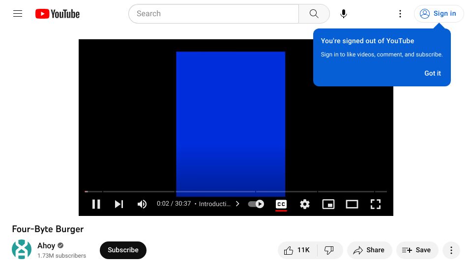 Screenshot of youtube.com: Four-Byte Burger [video]
