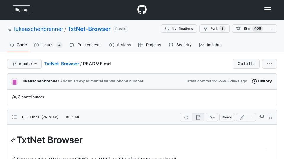 Screenshot of github.com: Show HN: TxtNet Browser – Browse the Web over SMS, No Wi-Fi/Mobile Data Needed