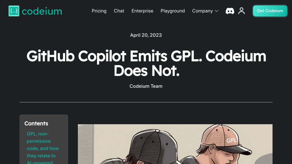 Screenshot of codeium.com: GitHub Copilot emits GPL code
