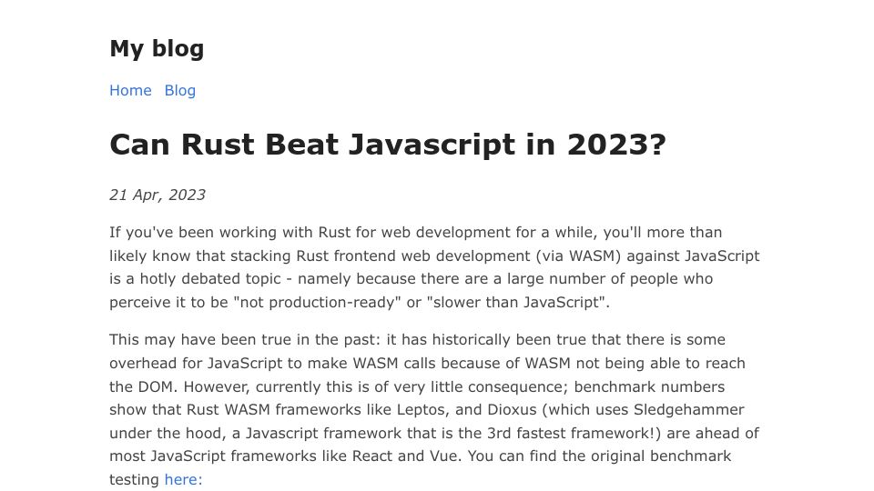 Screenshot of joshuamo876.bearblog.dev: Can Rust Beat JavaScript in 2023?