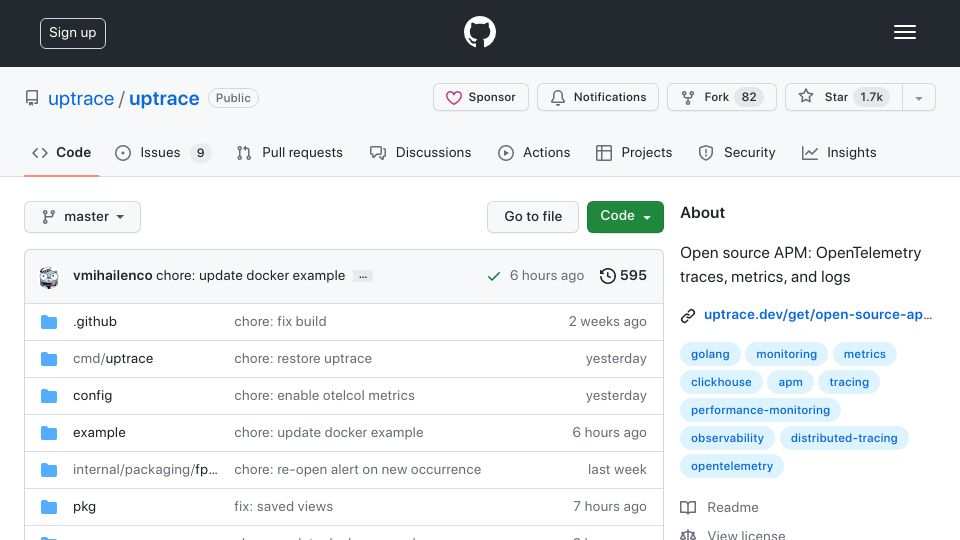 Screenshot of github.com: Show HN: Uptrace – open-source APM (alternative to Datadog, NewRelic)