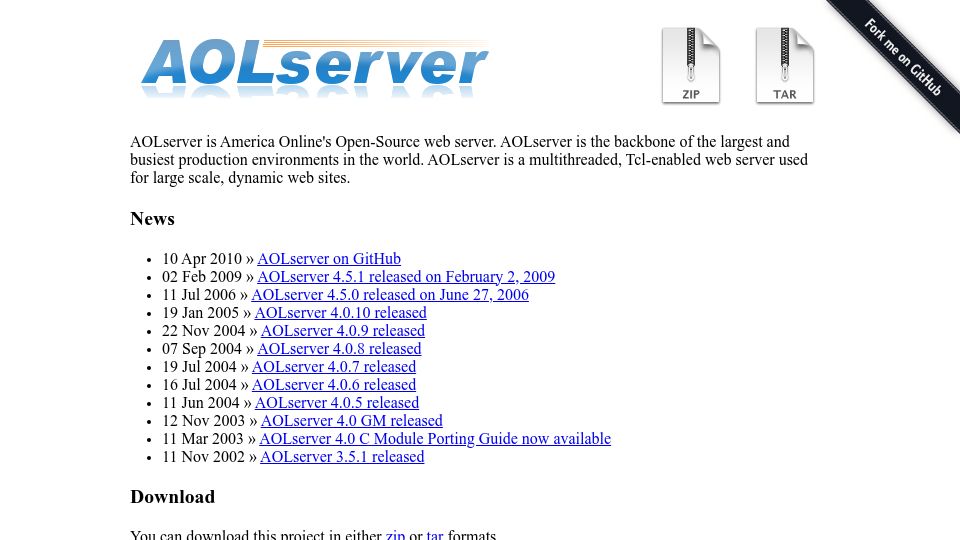 Screenshot of aolserver.github.io: AOLserver is America Online's Open-Source web server (2010)