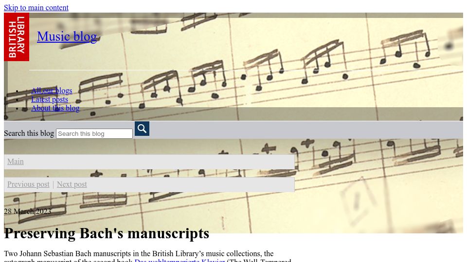 Screenshot of blogs.bl.uk: Preserving Bach's Manuscripts