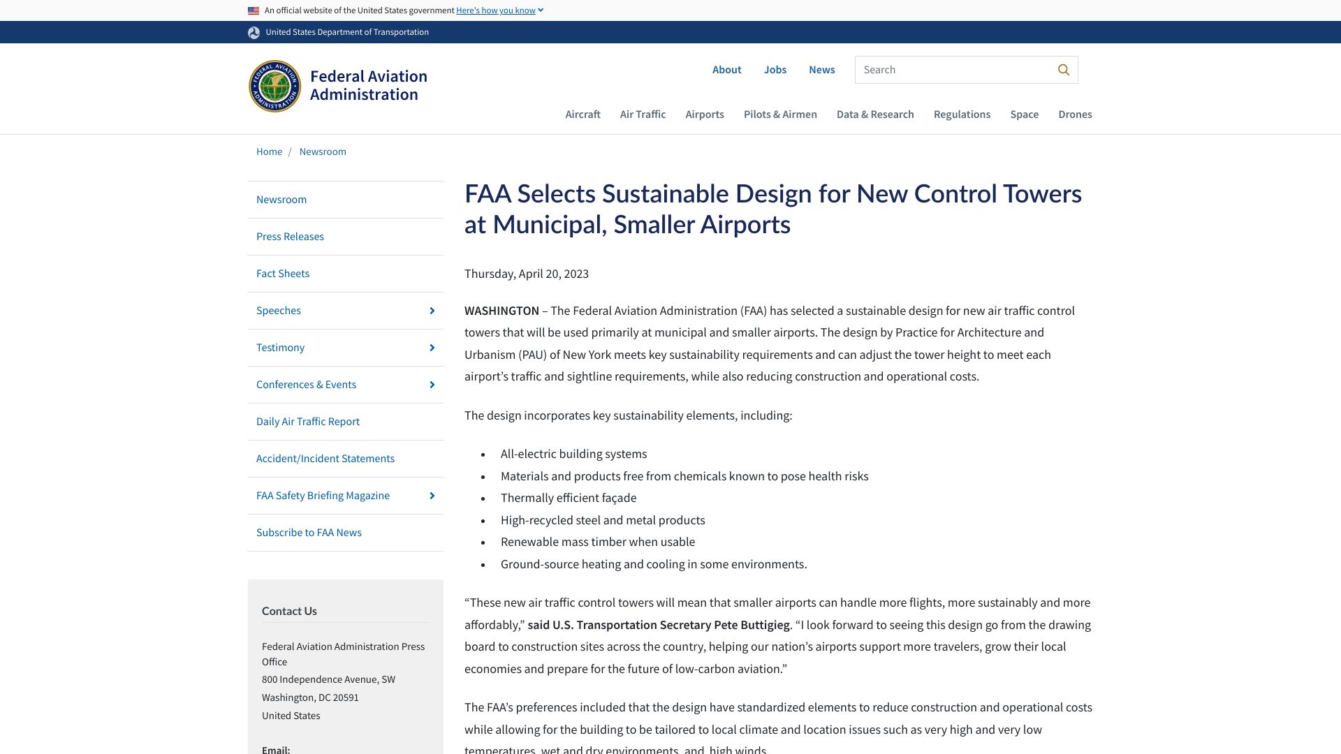Screenshot of faa.gov: FAA selects sustainable design for new control towers at smaller airports