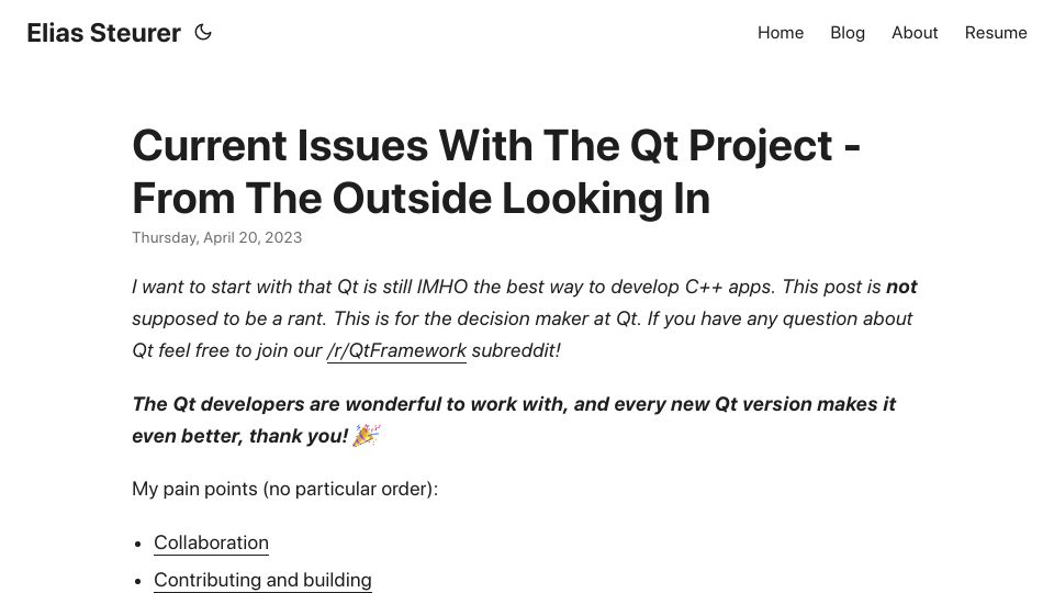 Screenshot of kelteseth.com: Current issues with the Qt project from the outside looking in