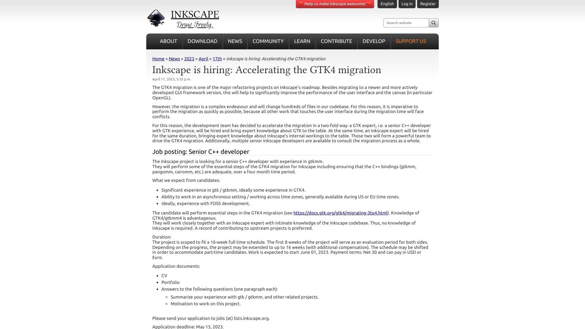 Screenshot of inkscape.org: Inkscape is hiring: Accelerating the GTK4 migration