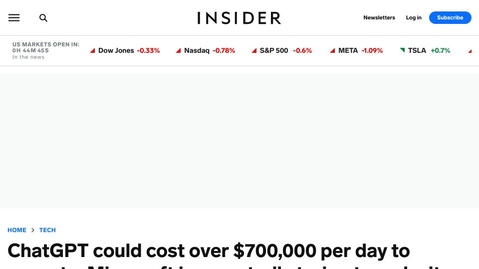 Screenshot of businessinsider.com: ChatGPT could cost over $700k per day to operate