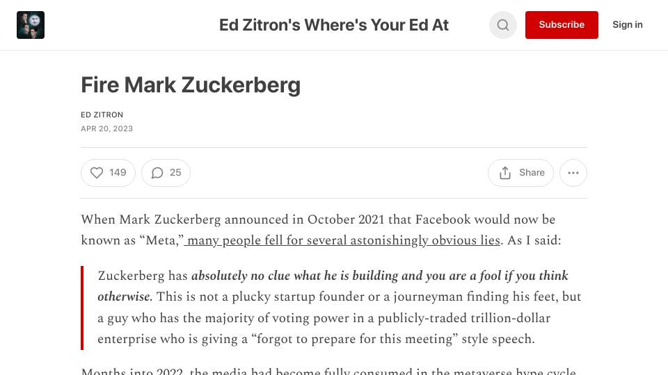 Screenshot of ez.substack.com: Fire Mark Zuckerberg