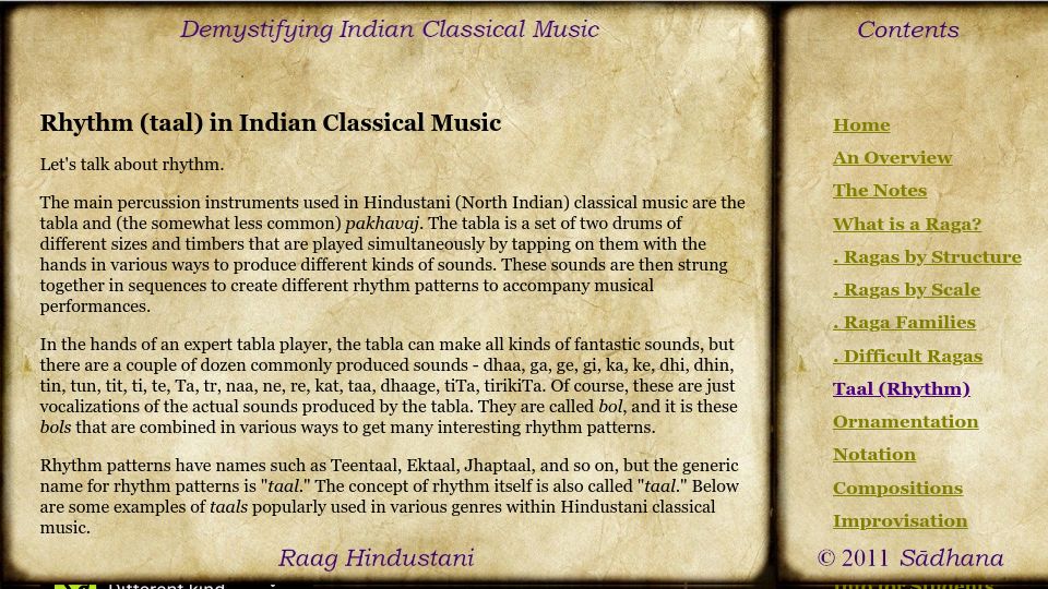 Screenshot of raag-hindustani.com: Rhythm (taal) in Indian Classical Music (2011)