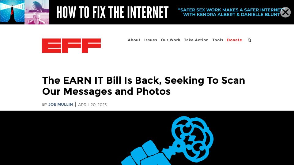 Screenshot of eff.org: The EARN IT bill is back, seeking to scan our messages and photos