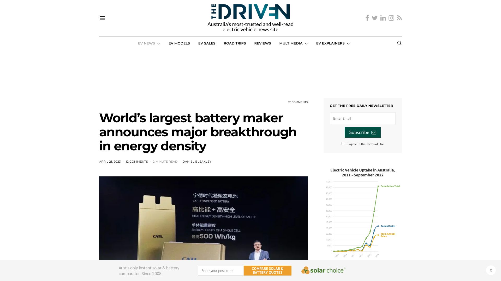 Screenshot of thedriven.io: CATL has announced a new “condensed” battery with 500 Wh/kg
