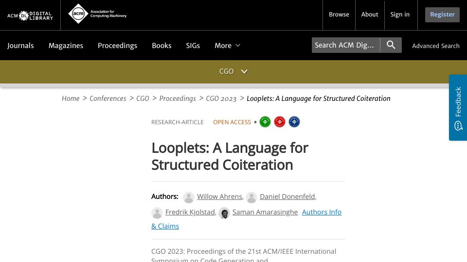 Screenshot of dl.acm.org: Looplets: A Language for Structured Coiteration