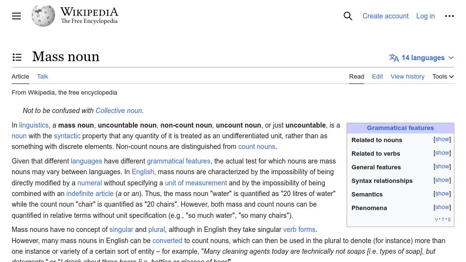 Screenshot of en.wikipedia.org: Mass noun