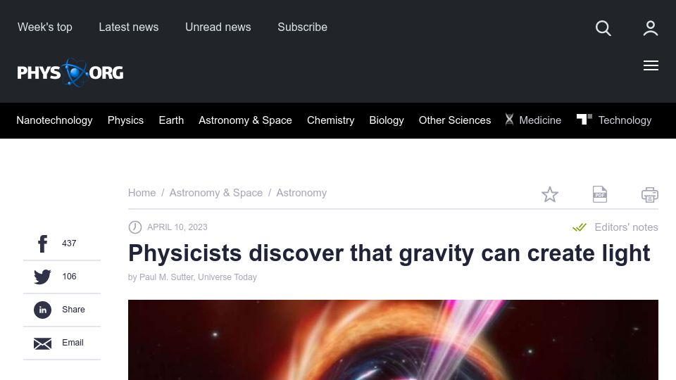 Screenshot of phys.org: Physicists discover that gravity can create light