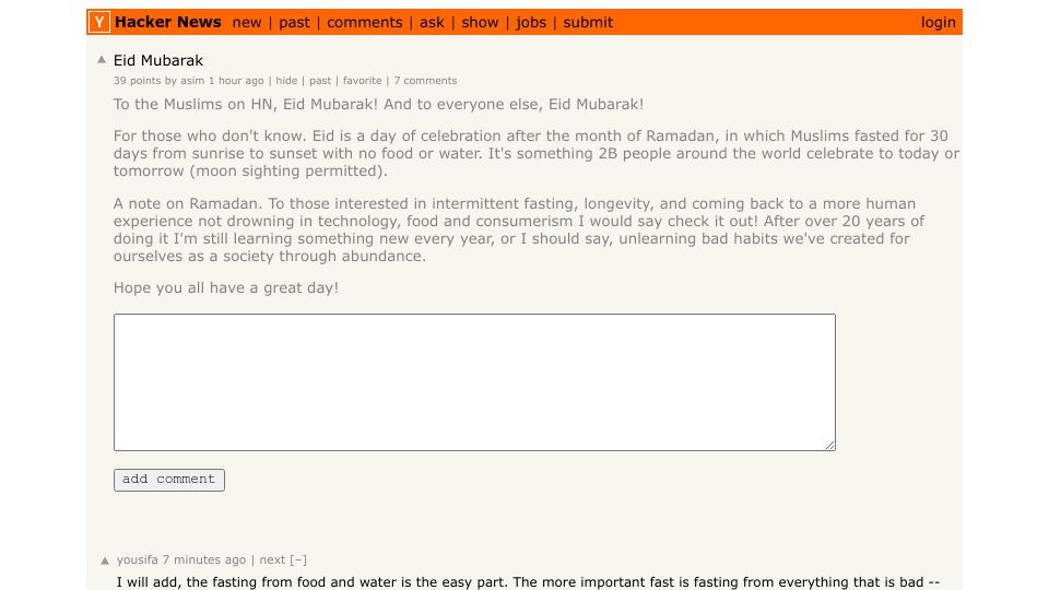 Screenshot of Hacker News post: Tell HN: Eid Mubarak