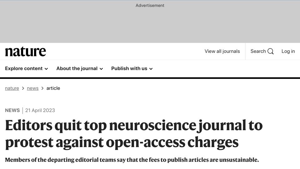 Screenshot of nature.com: Editors quit top neuroscience journal to protest against open-access charges