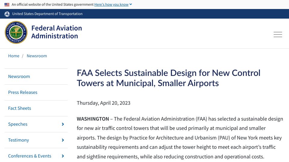 Screenshot of faa.gov: FAA selects sustainable design for new control towers at smaller airports