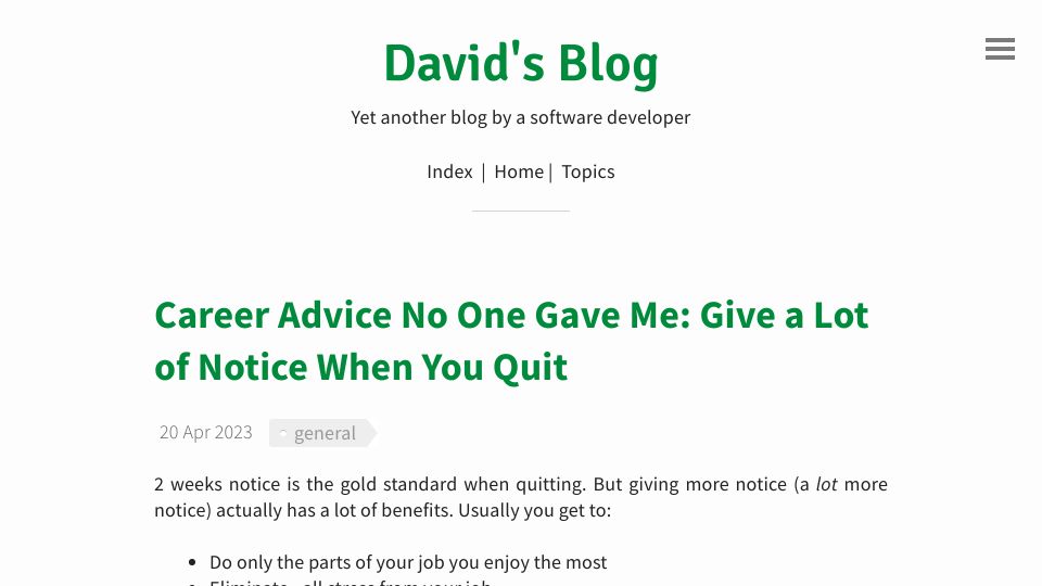 Screenshot of davidlaprade.github.io: Career advice no one gave me: Give a lot of notice when you quit