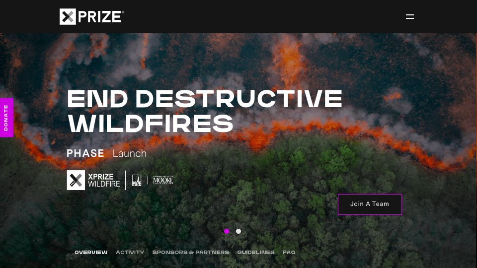 Screenshot of xprize.org: xPrize Wildfire – $11M Prize Competition