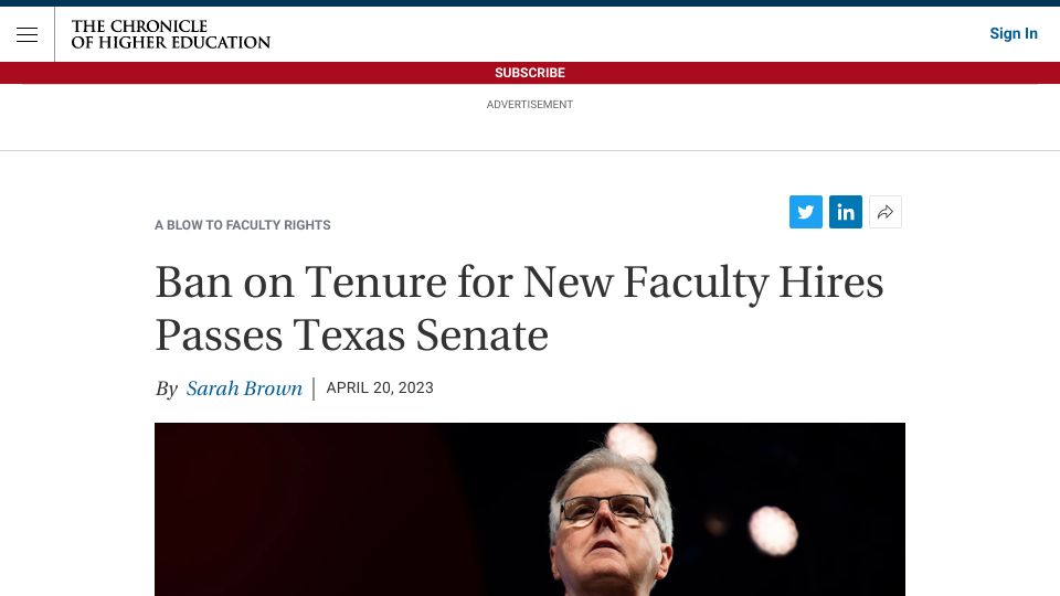 Screenshot of chronicle.com: Ban on Tenure for New Faculty Hires Passes Texas Senate