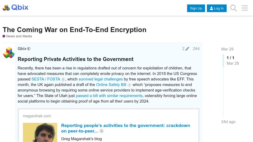 Screenshot of community.qbix.com: The coming war on end-to-end encryption