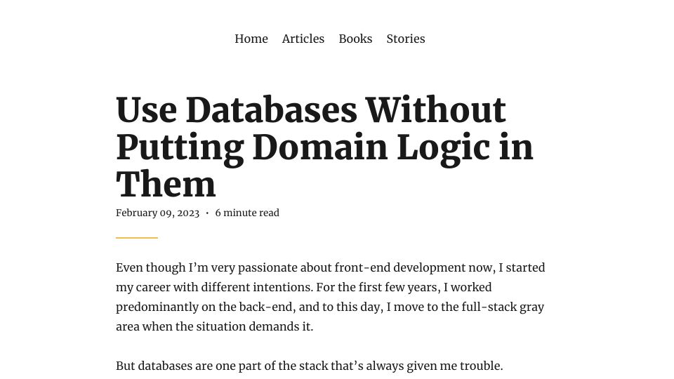 Screenshot of alexkondov.com: Use databases without putting domain logic in them