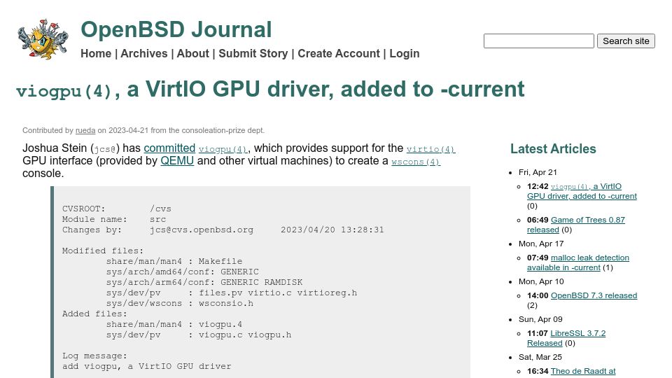 Screenshot of undeadly.org: OpenBSD: Viogpu(4), a VirtIO GPU driver, added to -current