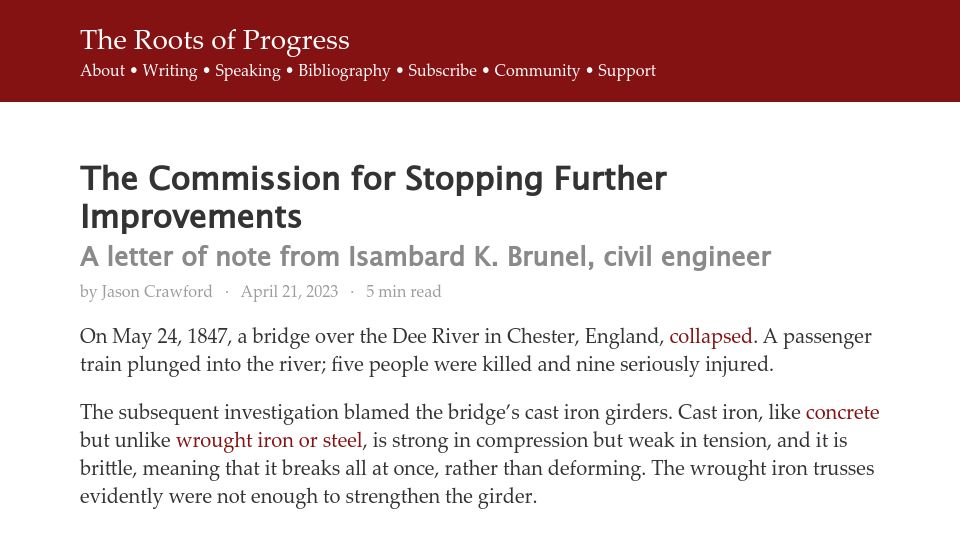 Screenshot of rootsofprogress.org: The Commission for Stopping Further Improvements
