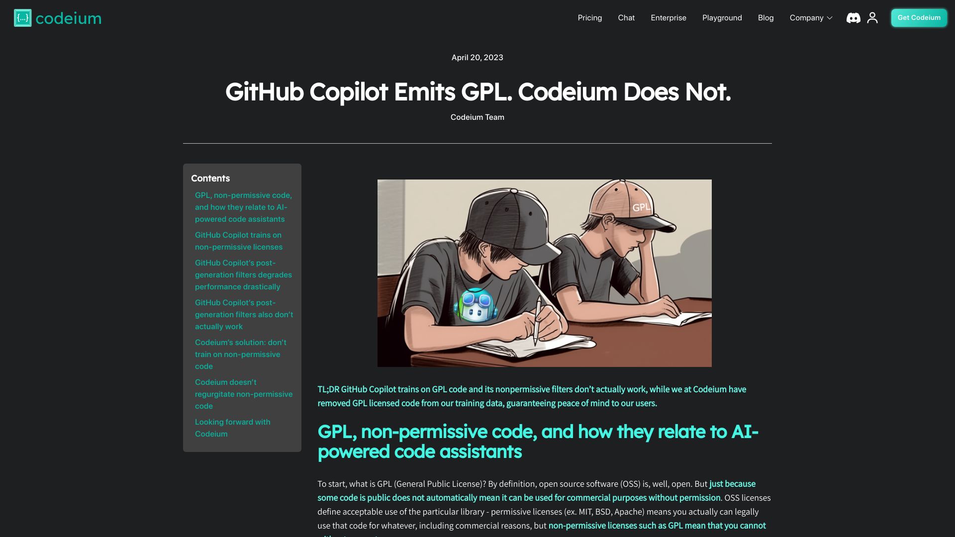 Screenshot of codeium.com: GitHub Copilot emits GPL code