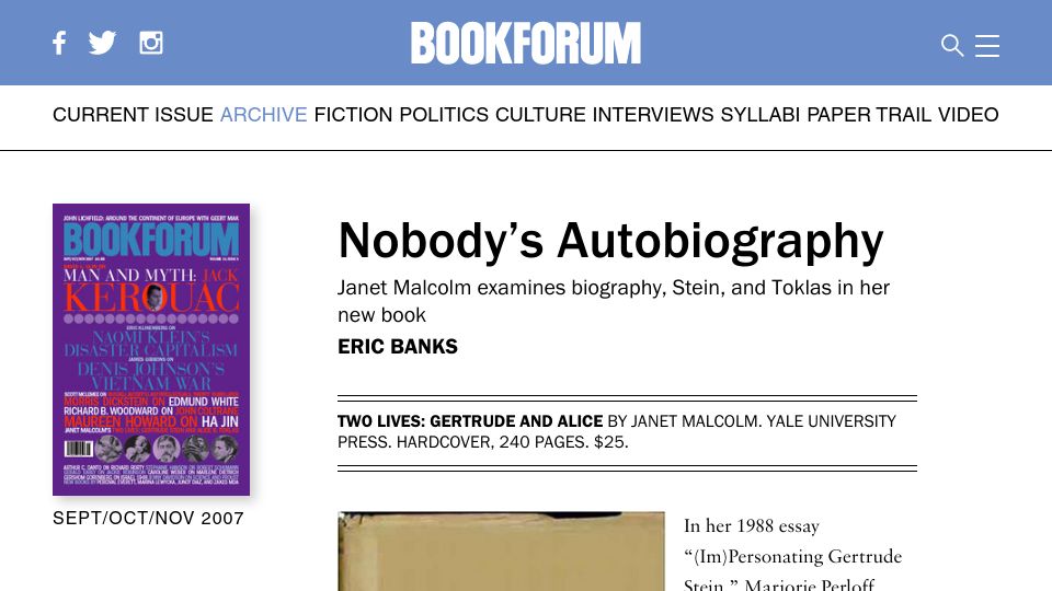 Screenshot of bookforum.com: Nobody’s Autobiography: Janet Malcolm examines Stein and Toklas in her new book
