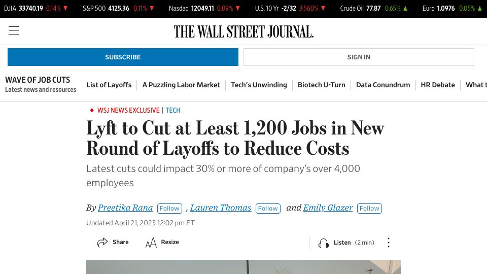Screenshot of wsj.com: Lyft to Cut at Least 1,200 Jobs in New Round of Layoffs to Reduce Costs