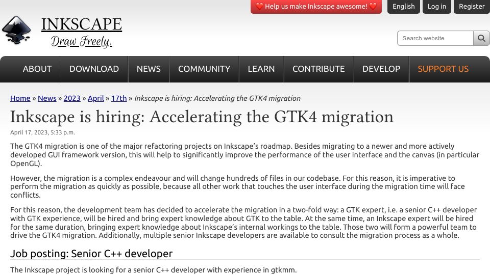 Screenshot of inkscape.org: Inkscape is hiring: Accelerating the GTK4 migration