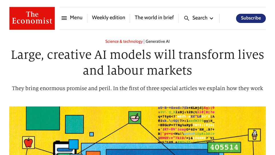 Screenshot of economist.com: Large, creative AI models will transform lives and labour markets
