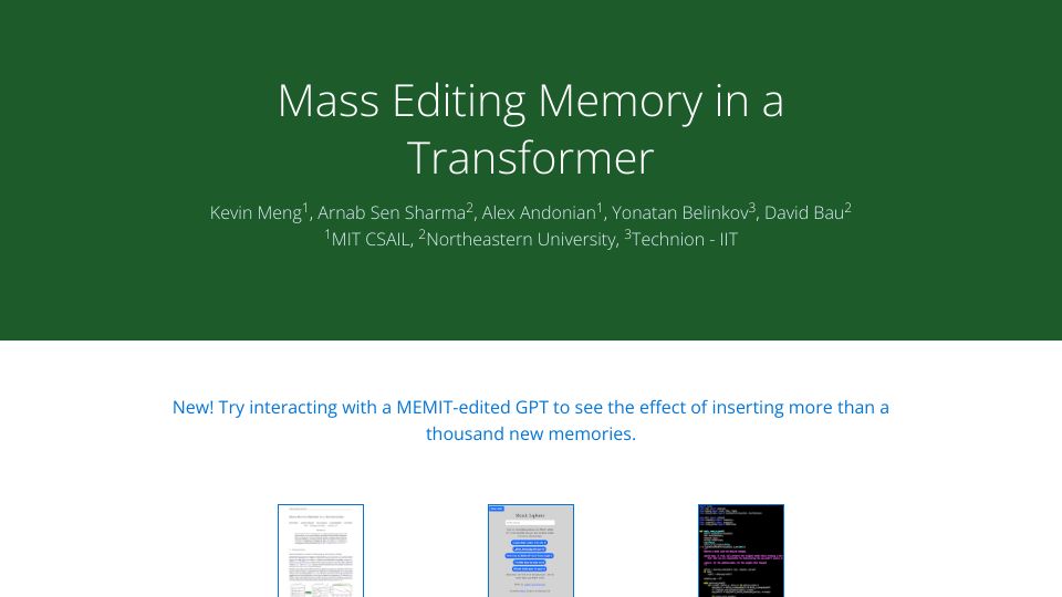 Screenshot of memit.baulab.info: Mass editing memory in a transformer